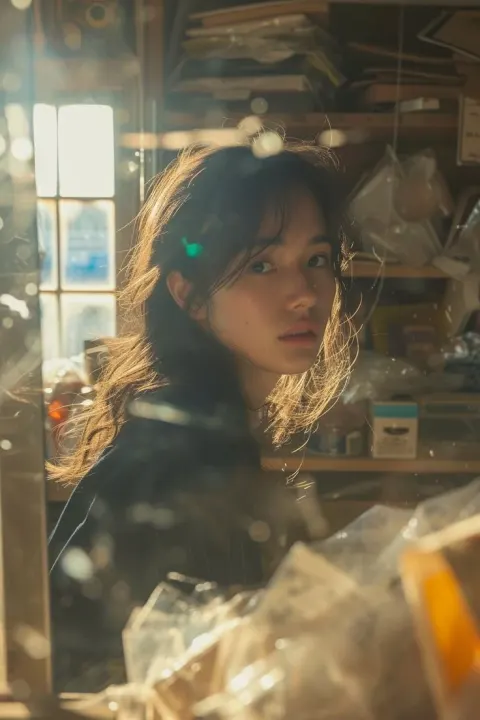Young East Asian Woman in Profile, Nostalgic Atmosphere in Workshop Setting