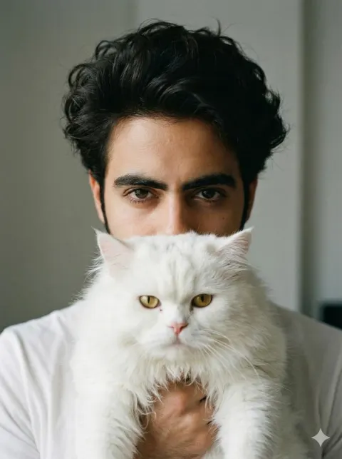 Young Man with Persian Cat Portrait