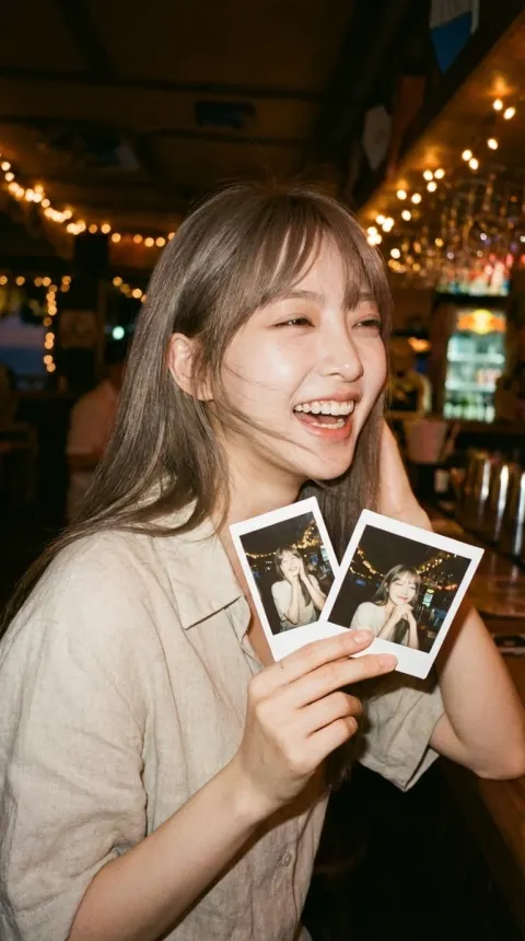 Young Woman in Vacation Bar Holding Polaroid Photos