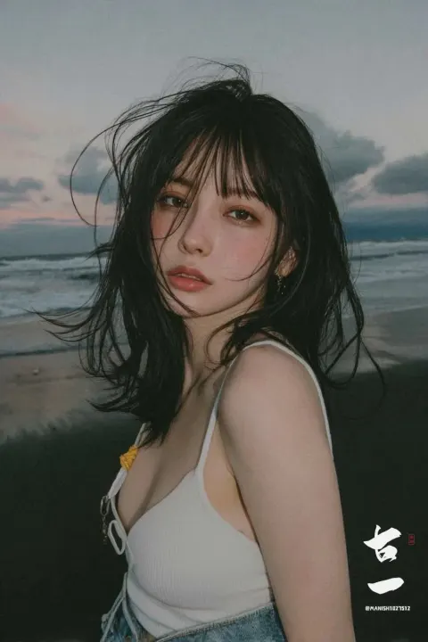 Young Woman on the Beach at Dusk in a Soft Emotional Film-Style Portrait