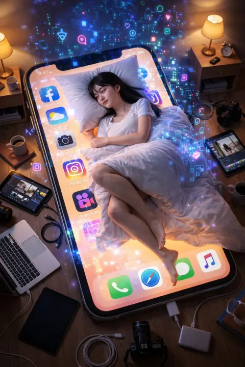 Young Woman with Oversized Smartphone in Bedroom at Night