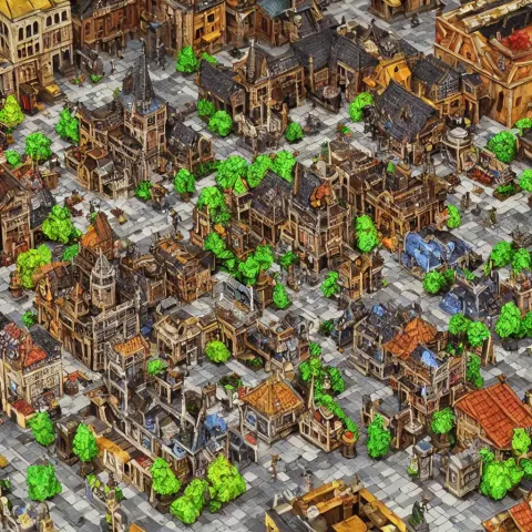 City with Marketplace and Town Hall Isometric View