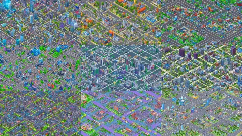 Aerial Isometric View of a Cyber City Filled with Resources