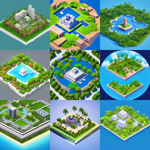 Isometric Square 3d Render of Island with Big Building on the Center
