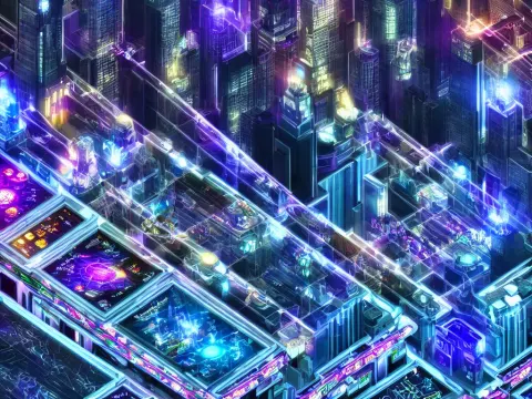 Isometric Futuristic Fractal Pinball Arcade City Skyscrapers Wallpaper