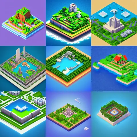 Isometric Square 3d Render of Voxel Island with Big Building on the Center