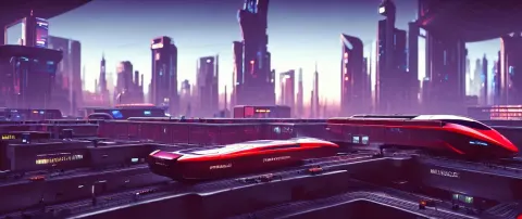 Futuristic City Center with Maglev Train Station in Background