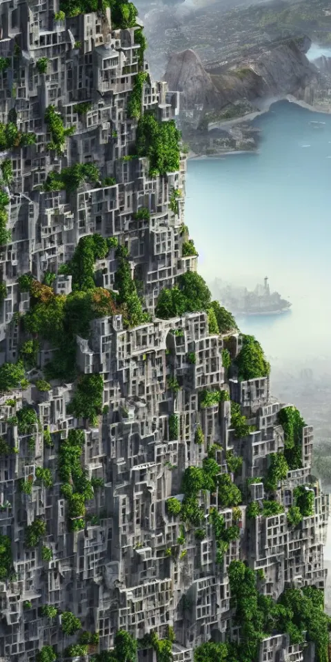 Isometric of a Skyscraper City Built into the Side of a Cliff