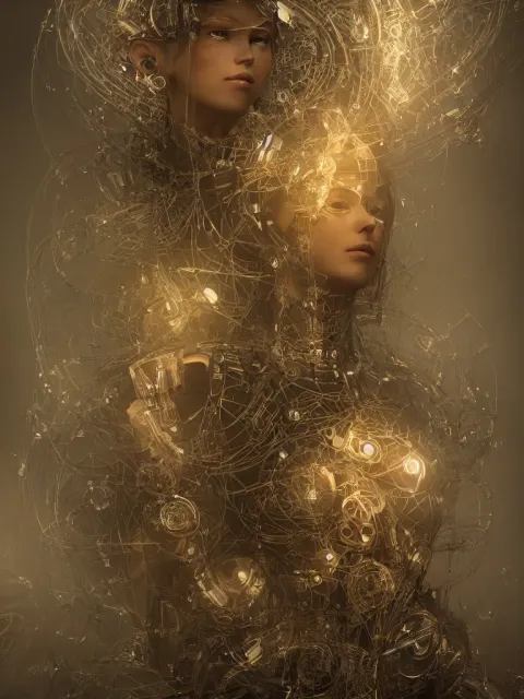 Photo of a Robotic Woman Covered in Modular Synthesizer Parts Surrounded