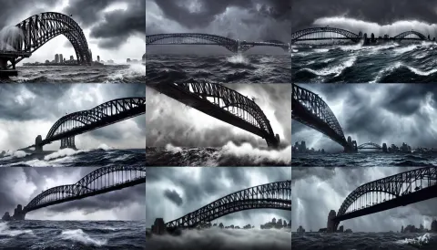 Epic Realistic Eerie Picture of Sydney Harbor Bridge over Stormy Ocean
