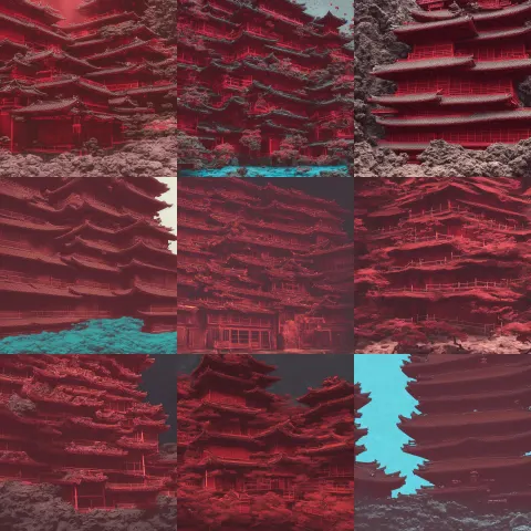 Dark Red Ancient Japanese Architectural Building under the Sea