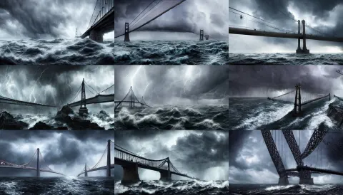 Epic Realistic Eerie Picture of a Huge Suspension Bridge over Stormy Ocean