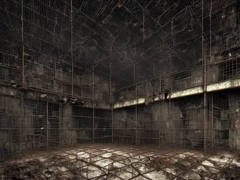 Giant Underground Very Gloomy Multi-layered Structure of Rusty Thick Iron Grids