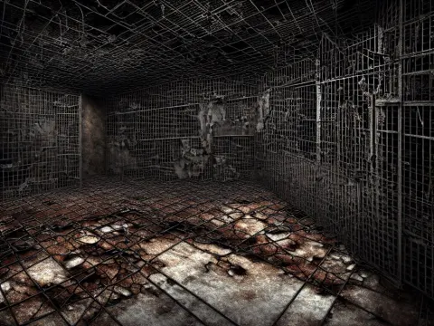 Underground Very Dark Macabre Multi-layered Structure of Rusty Thick Iron Grids