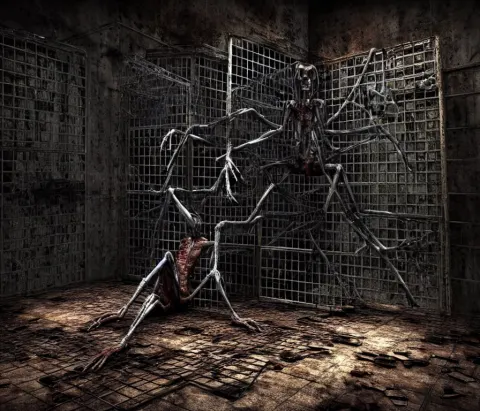 Creepy Huge Suffering Humanoid with Long Limbs Sits on the Floor