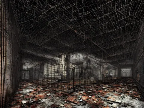 Underground Very Dark Gloomy Multi-layered Structure of Rusty Thick Iron Grids