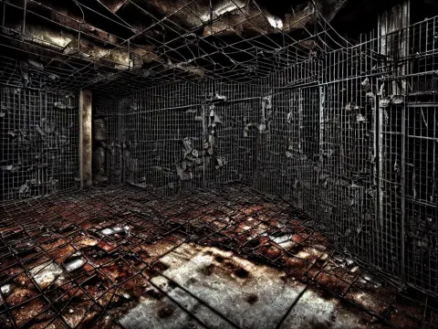 Underground Very Gloomy Macabre Multi-layered Structure of Rusty Thick Iron Grids
