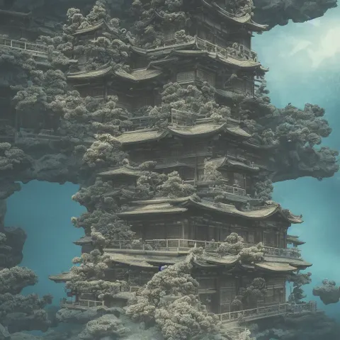 Ancient Japanese Architectural Building under the Sea