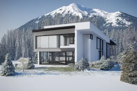 Modern Modern Fachwerk House with in the Forest on the Foot of Elbrus Mountain Covered