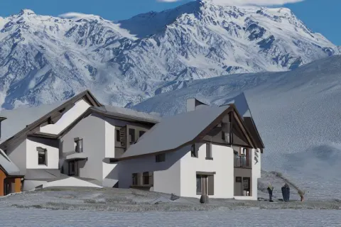 Modern Fachwerk House Settlement with Elbrus Mountain on the Background