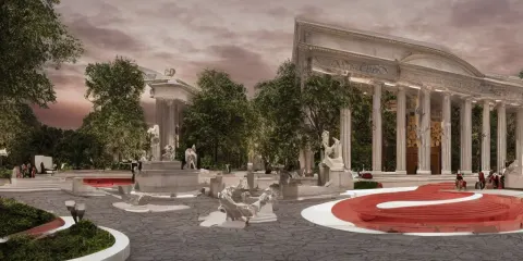 3d Rendering of Beautiful Nature Meets Neoclassical Architecture Concept of a Medium Town