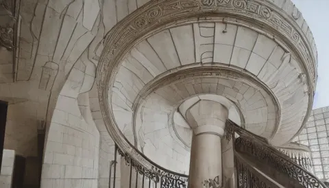 Huge Neoclassical Brutalist Spherical Building with Very High Walls and Spiral Stairs