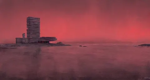 Seaside Brutalist Building Bathed in Crimson Light
