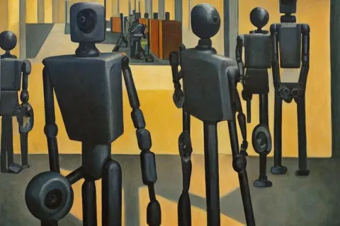 Drab Slave Human Workers Building Robots