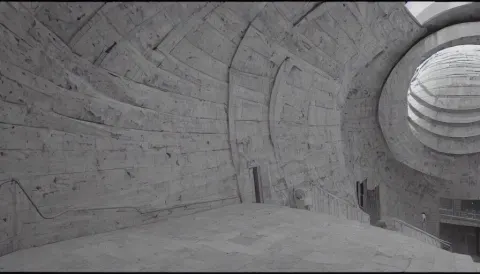 Huge Neoclassical Brutalist Spherical Building with Very High Walls and Stairs