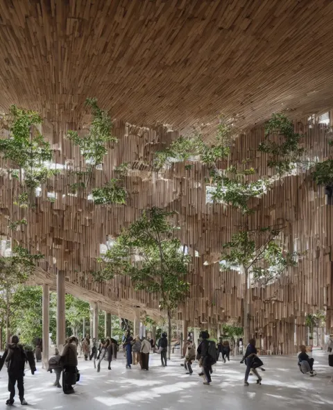 Interior of a Brutalist Building Made of Wood