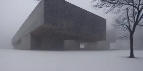 Snow Falling on Complex and Beautiful Brutalist Buildings