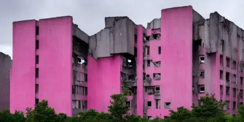 Photo of a Brutalist Building Ruins with Accents of Pink and Cyan
