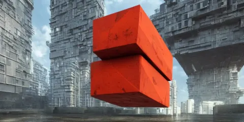 Highly Detailed Futuristic Huge Cube with Red and Orange Glow