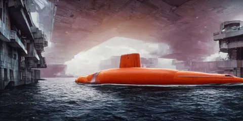 Highly Detailed Futuristic Submarine Warship with Red and Orange Glow