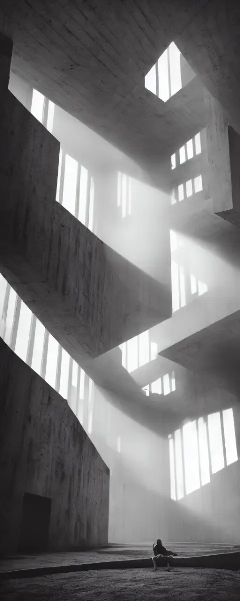 Hyper Realistic Interior Brutalist Building with a Person Floating