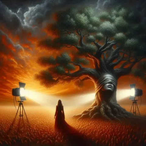 Blindfolded Woman Under Lit Oak