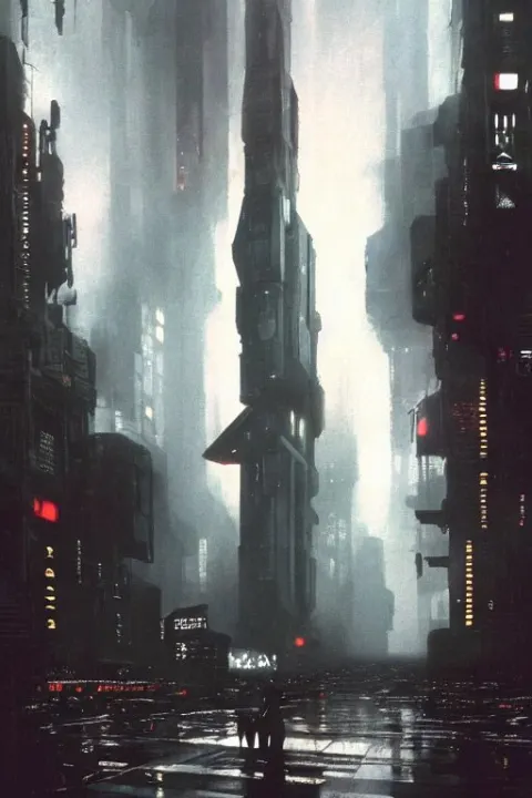 Front View of a Large Brutalist Futuristic Large Bladerunner Building Brooding