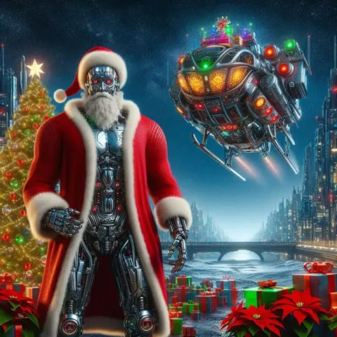 Robot Santa in Futuristic Christmas City