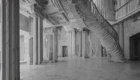 Huge Neoclassical Brutalist Building Interior with Very High Walls and Spiral Stairs