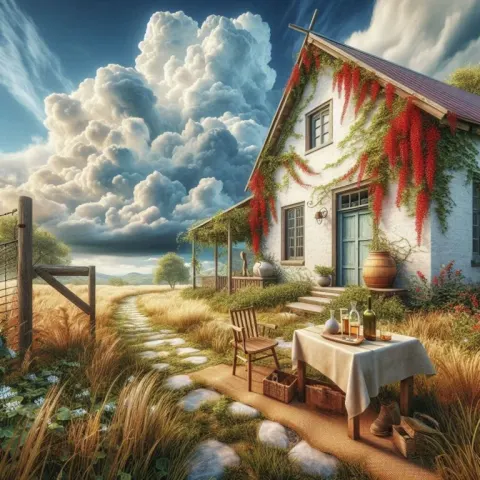 Rustic House with Red Flowers Outdoors