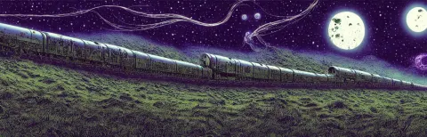 Long Organic Alien Weird David Cronenberg Rocket Train Mountain Starry Moonlit Night Sky H