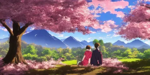Beautiful Landscape Trees with Cherry Blossoms in the Foreground