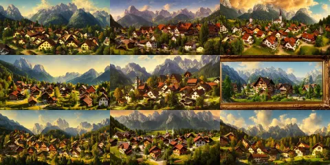 Matte Painting of Village Szene in Beautiful Mountain Landscape in the Bavarian Alps