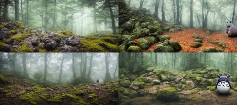 Photo of a Totoro Walking Through Rocks in a Mountainous Forest Terrain