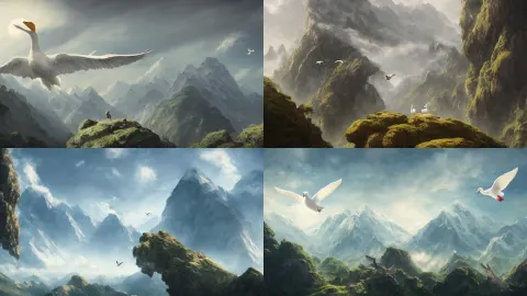 Crowd Surrounds Giant White Duck Flying over Mountains