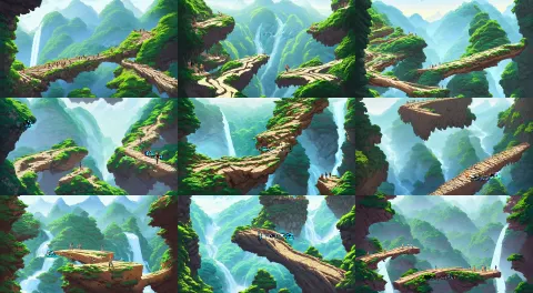 Log Bridge Between Mountains Above Cliff in Rock Peaks Landscape with Waterfall and Trees