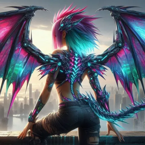 Cyberpunk Dragon Girl Over Cityscape