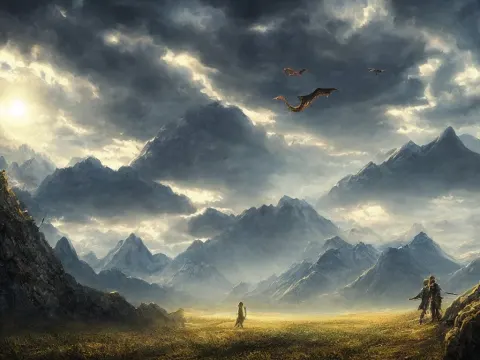 Cinematic Landscape View Looking at an Open Field with a Dragon Flying Above