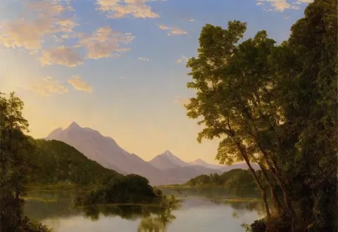 Southern American Landscape Painting of a Lake Surrounded