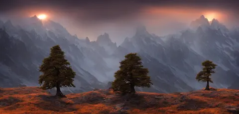 Amazing Landscape Photo of a Lone Cedar Tree on a Mountain